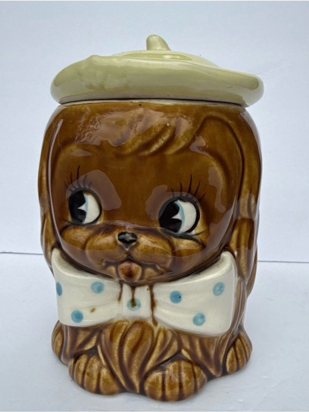 Vintage Dog Cookie Jar with Cream Lid and White Polka Dot Bow